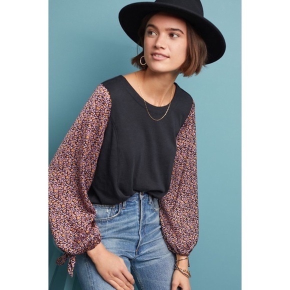 NWT!! ANTHROPOLOGIE Maybelle Tied Balloon Sleeve Top Floral Boho Retro Medium - Picture 6 of 16